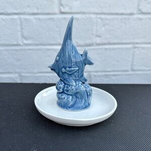 Blue Stylistic Angel Fish Figurine Ring Holder in White Trinket Dish